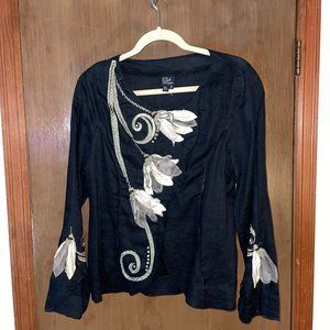 CoVelo Art to Wear Black Linen Blouse with Silk Lilies - Women's Sz 10